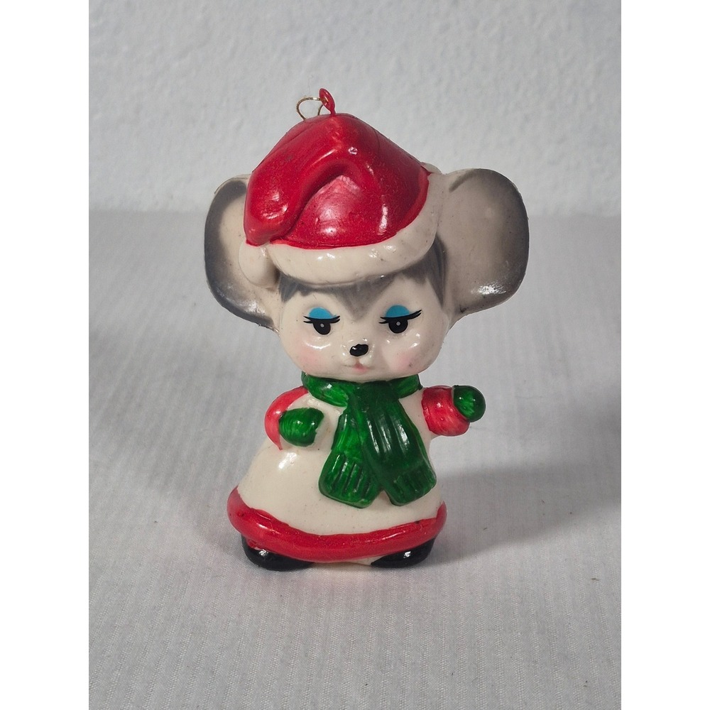 Vtg Blow Mold Christmas Mouse Ornament Red Santa Hat Green Scarf Kitsch Decor
